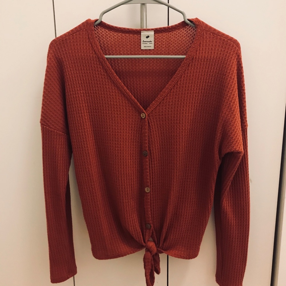 Orange/red button down tie top